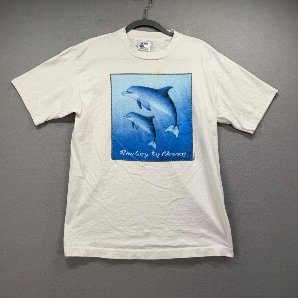 Human-i-Tees Dolphin T-Shirt Unisex Large White Poetry In‎ Ocean Vintage 90s USA